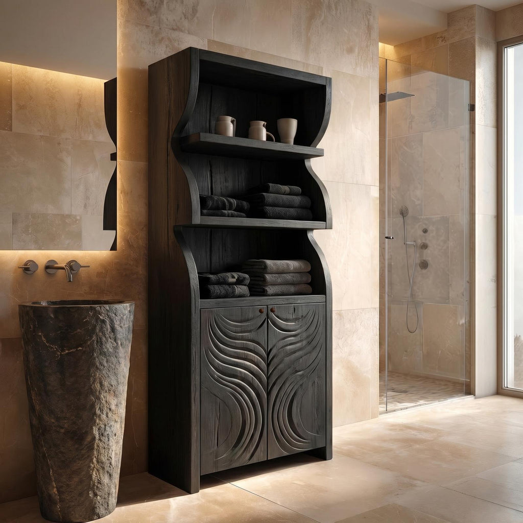 Rustic Organic Bathroom Cabinet, Hand Carved Wooden Doors & Open Shelves Storage Floor Cabinet