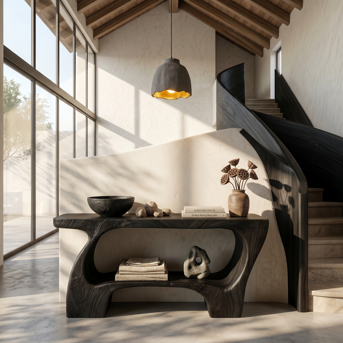Contemporary Console Table, Artistic Open Structure Wooden Entryway Table for Living Room & Hallway