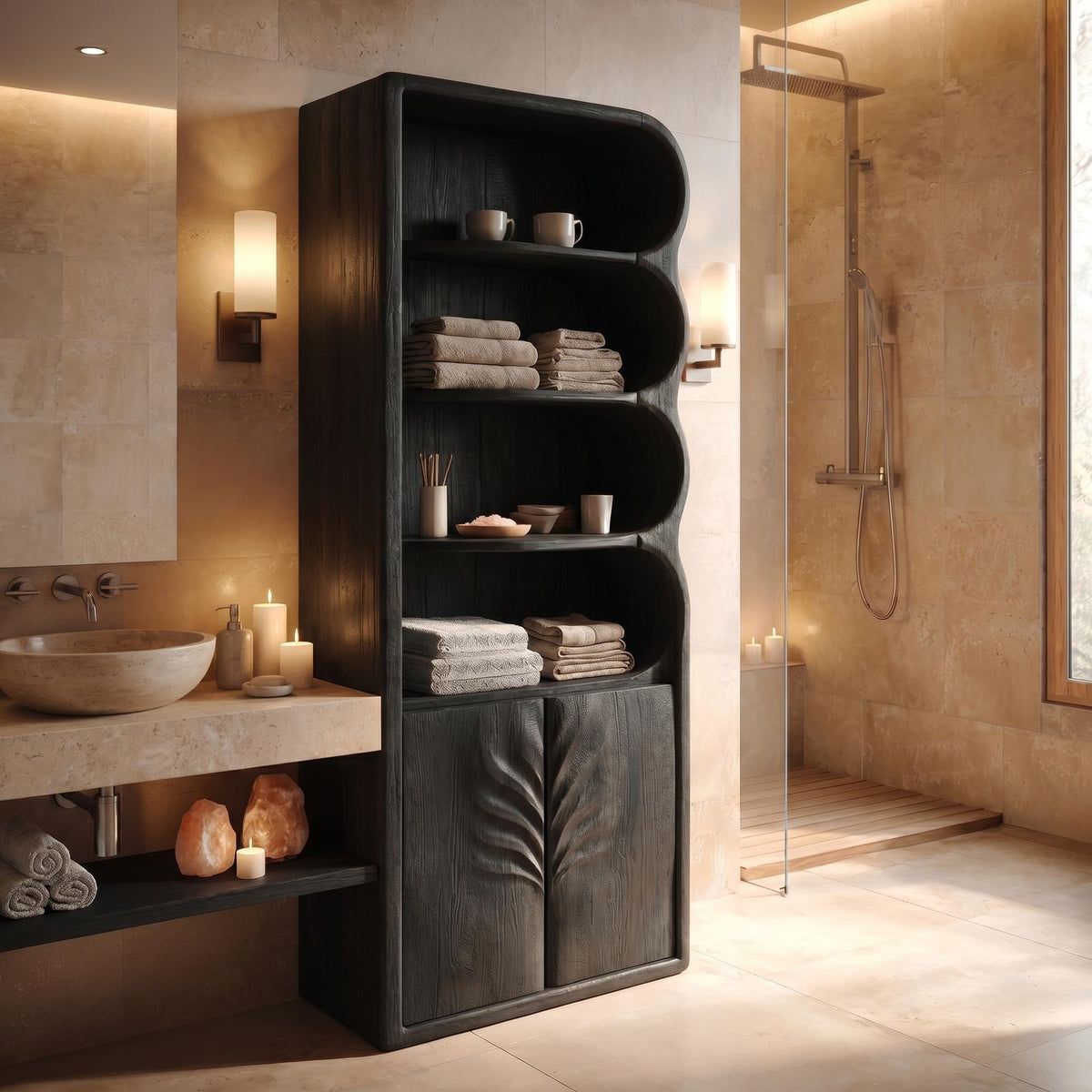 Modern Organic Bathroom Cabinet, Curved Shelves & Carved Wooden Doors Standing Storage Unit