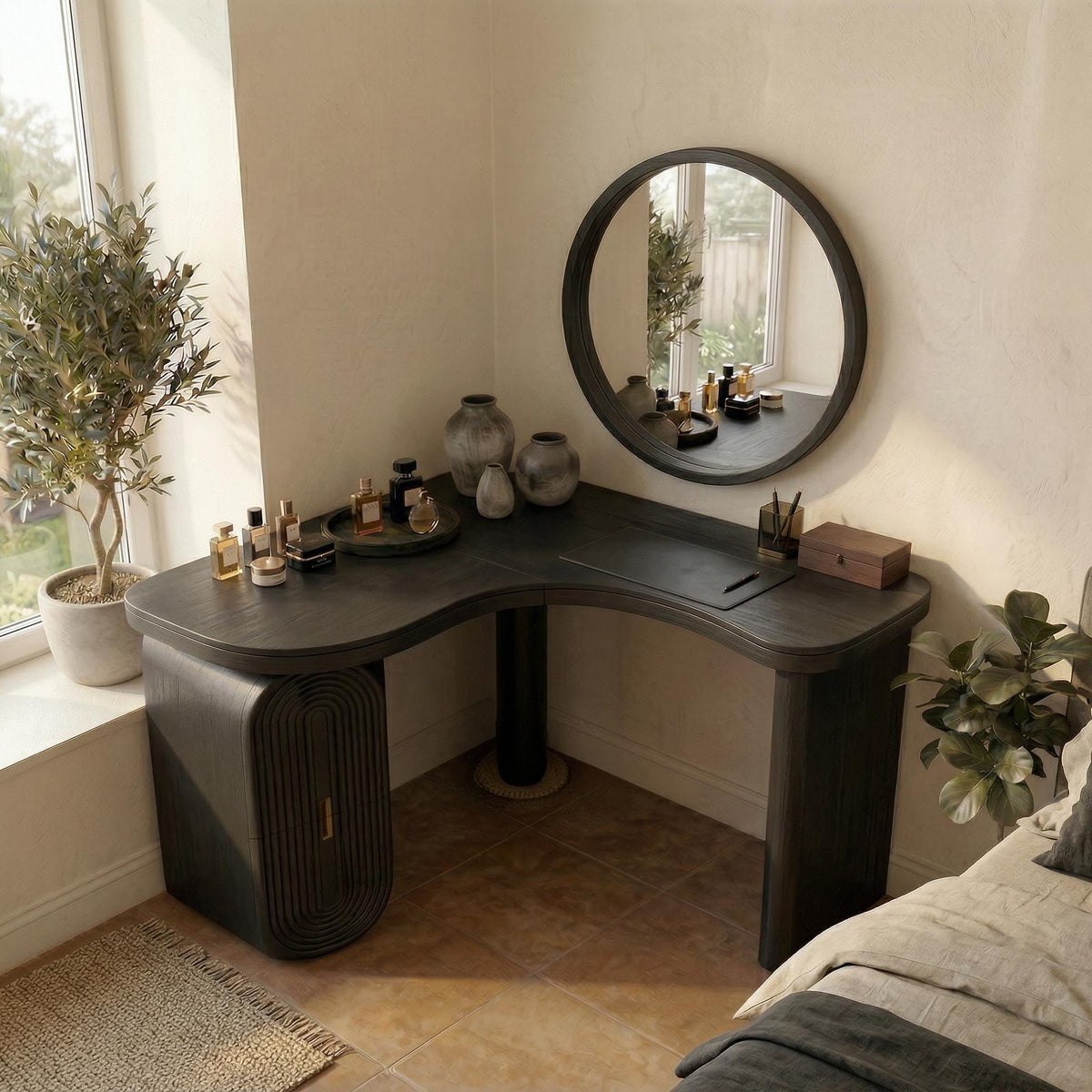 Spry Interior Organic Corner Dressing Table with Storage, Solid Wood Makeup Vanity Desk, Space-Saving Bedroom Vanity, SINLSABDT066