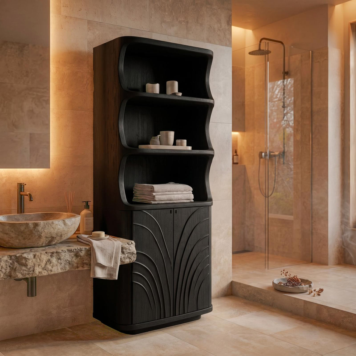 Organic Wood Bathroom Cabinet, Curved Open Shelves & Hand Carved Doors Storage Floor Cabinet