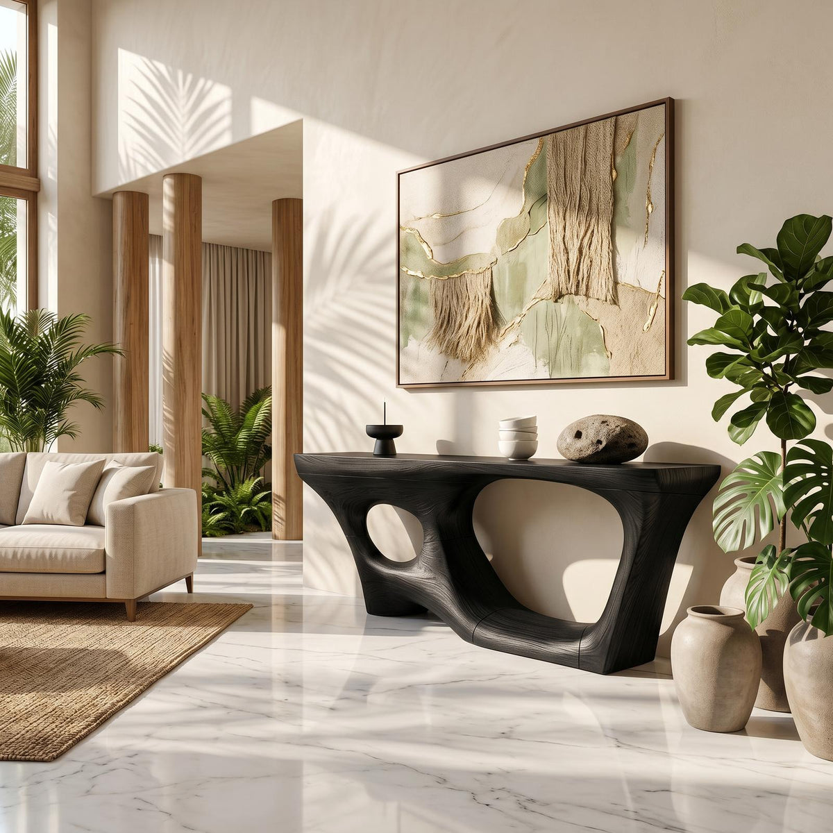 Contemporary Console Table, Sculptural Curved Wood Entryway Table for Foyer & Living Room Accent Furniture