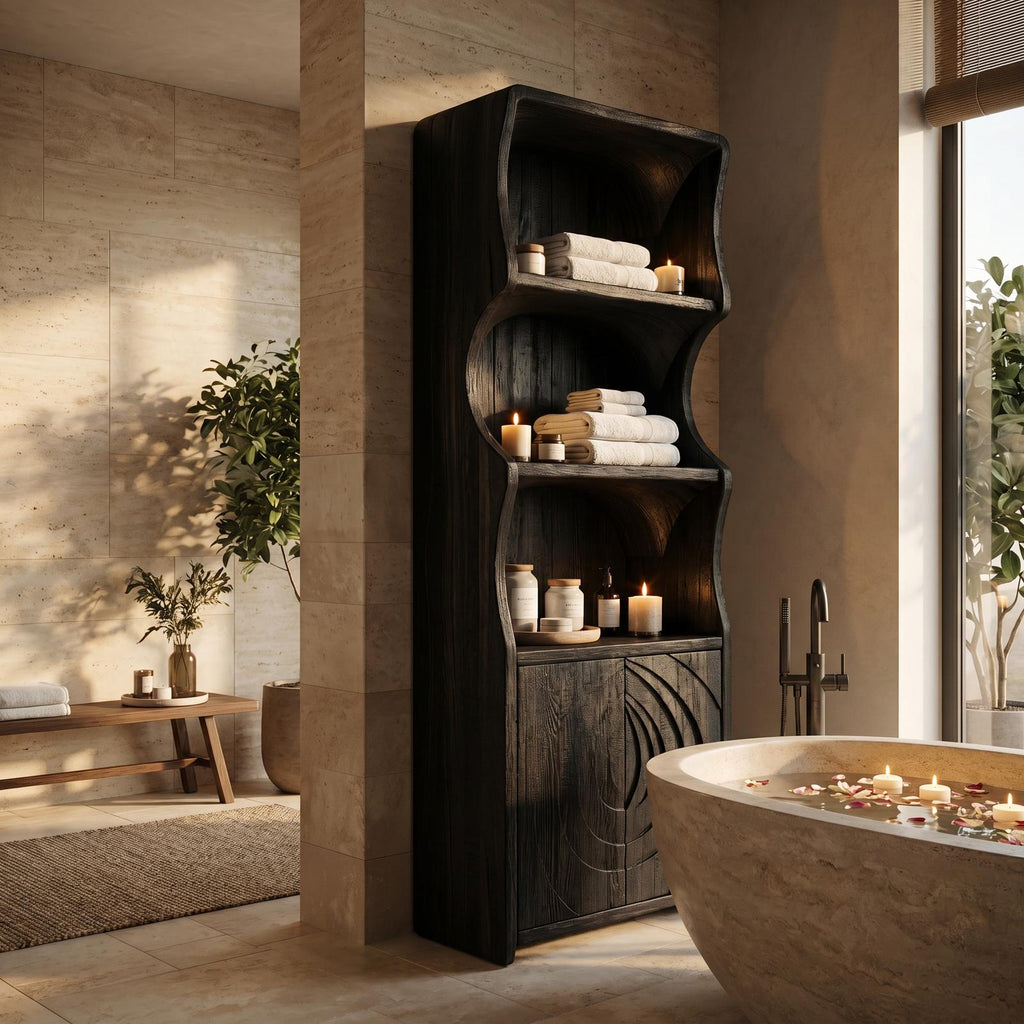 Contemporary Minimalist Bathroom Cabinet, Curved Shelves & Wooden Door Standing Storage Unit