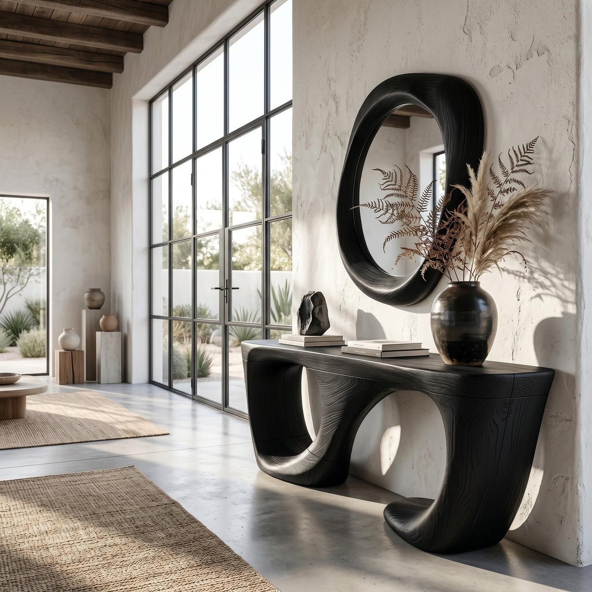 Contemporary Console Table, Curved Open Structure Hardwood Entryway Sofa Table for Living Room & Foyer