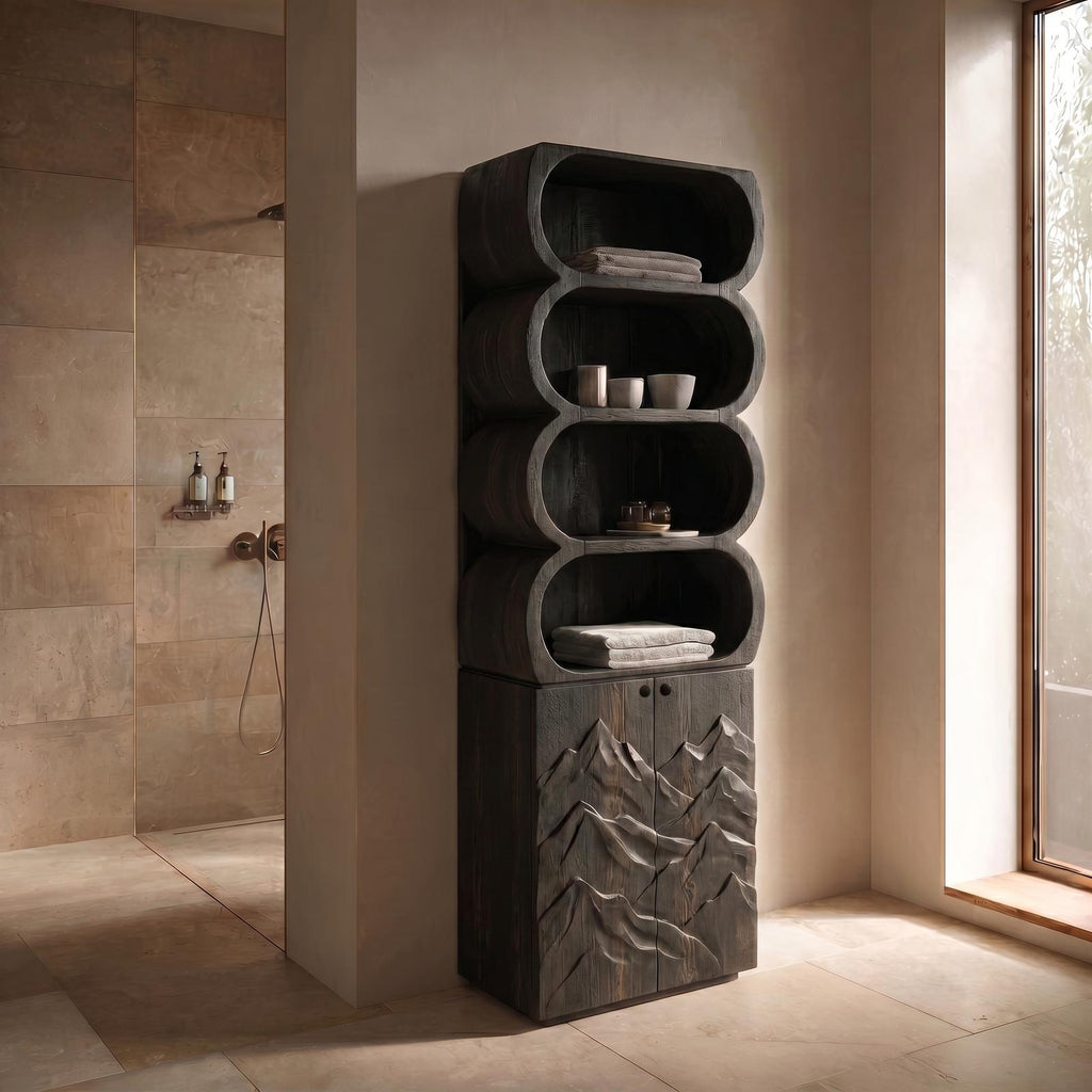 Minimalist Wood Bathroom Cabinet, Rounded Shelves & Sculptural Carved Door Storage Cabinet