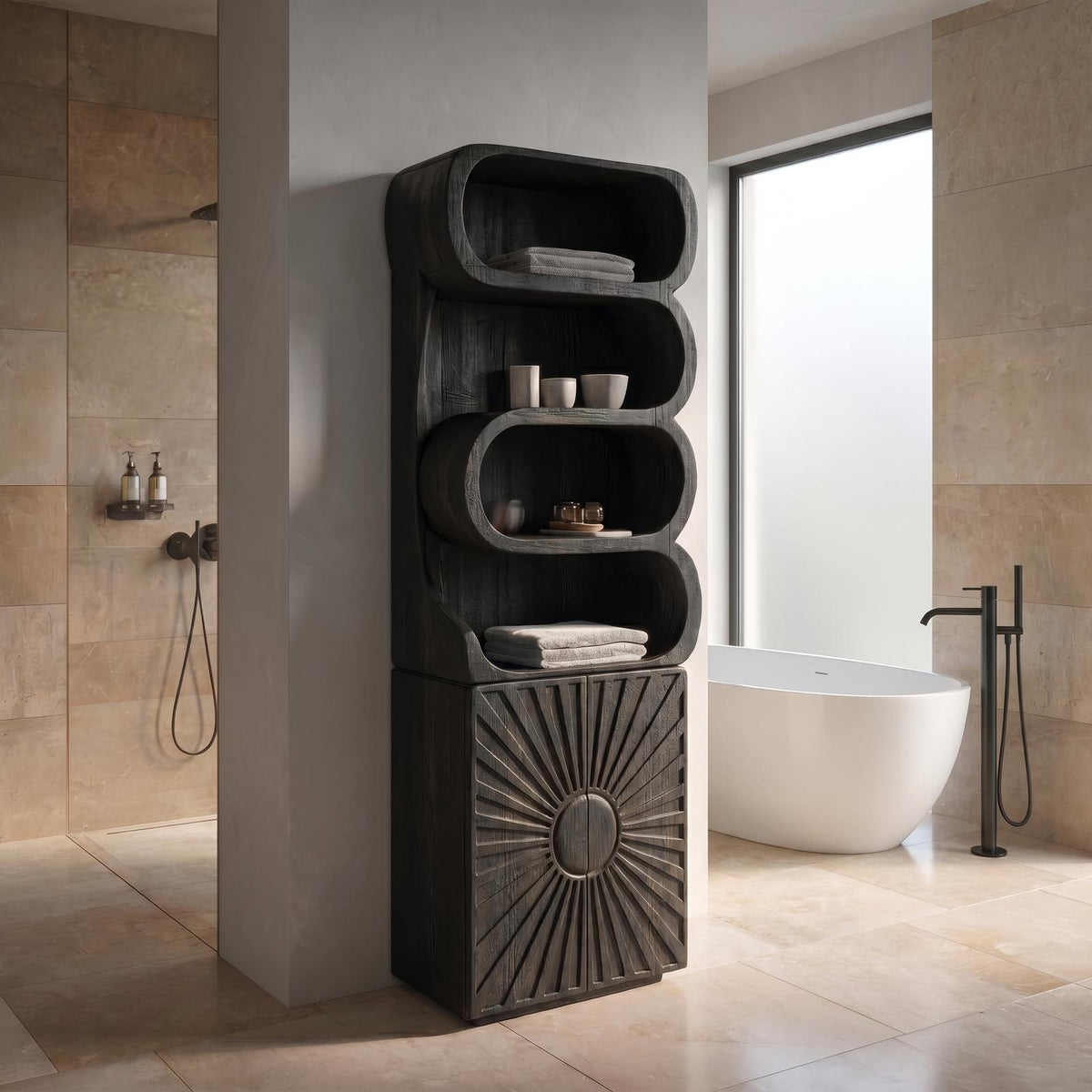 Organic Wood Bathroom Cabinet, Open Shelving & Sculptured Hand Carved Door Storage Cabinet