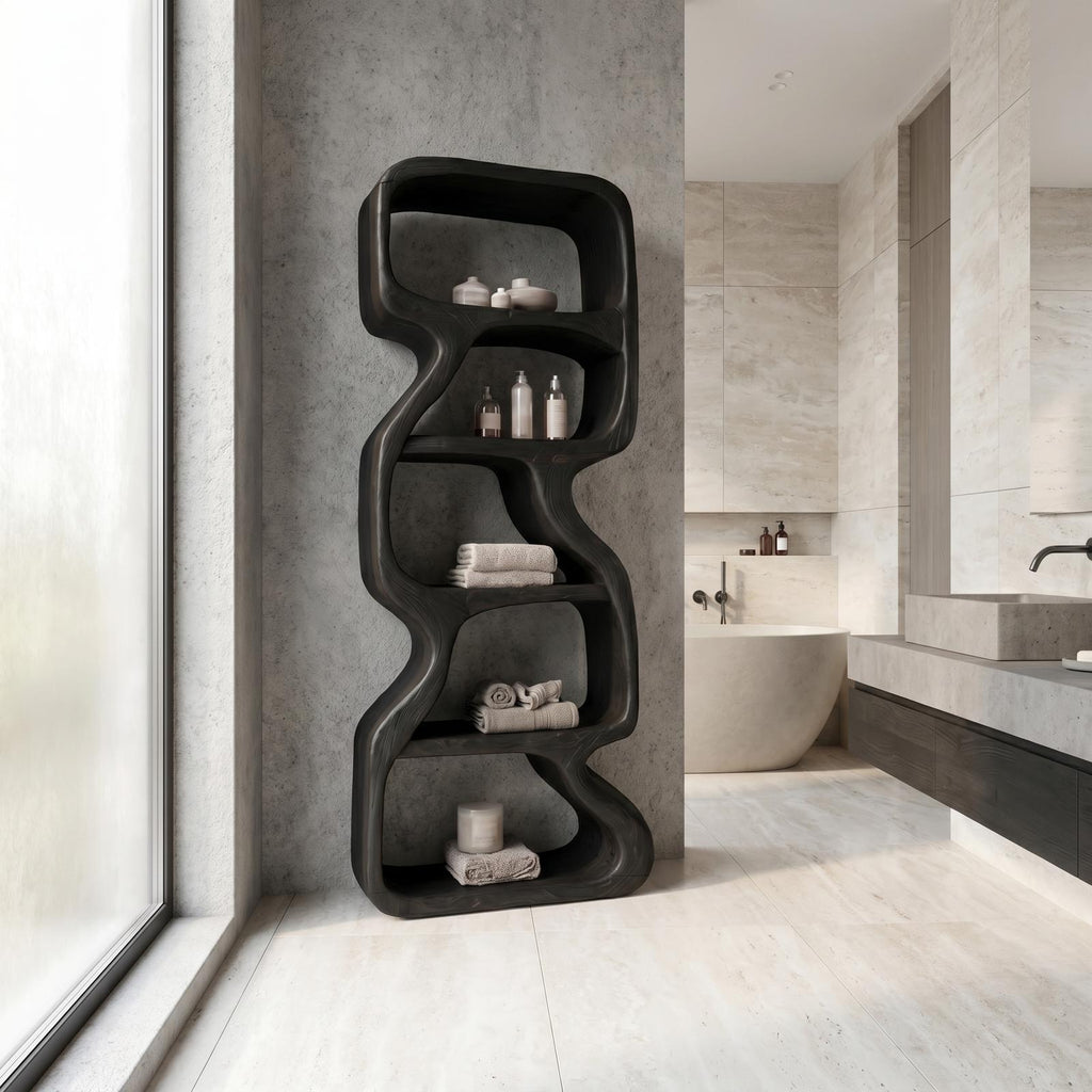 Wooden Bathroom Storage Cabinet, Handcrafted Standing Floor Organizer with Open Shelves