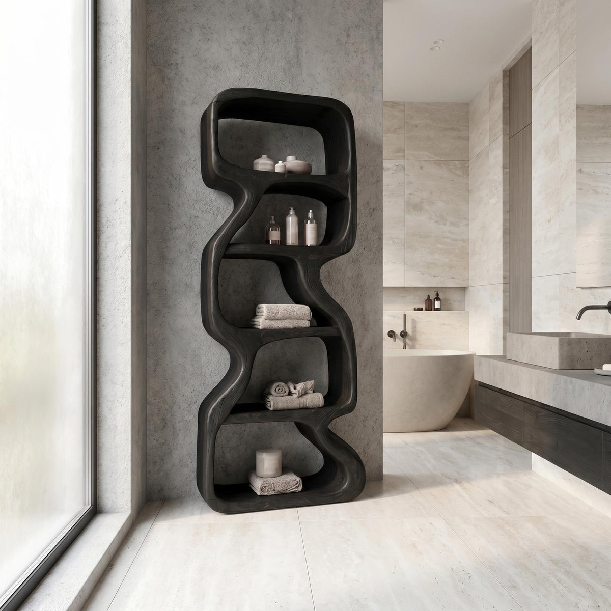 Wooden Bathroom Storage Cabinet, Handcrafted Standing Floor Organizer with Open Shelves