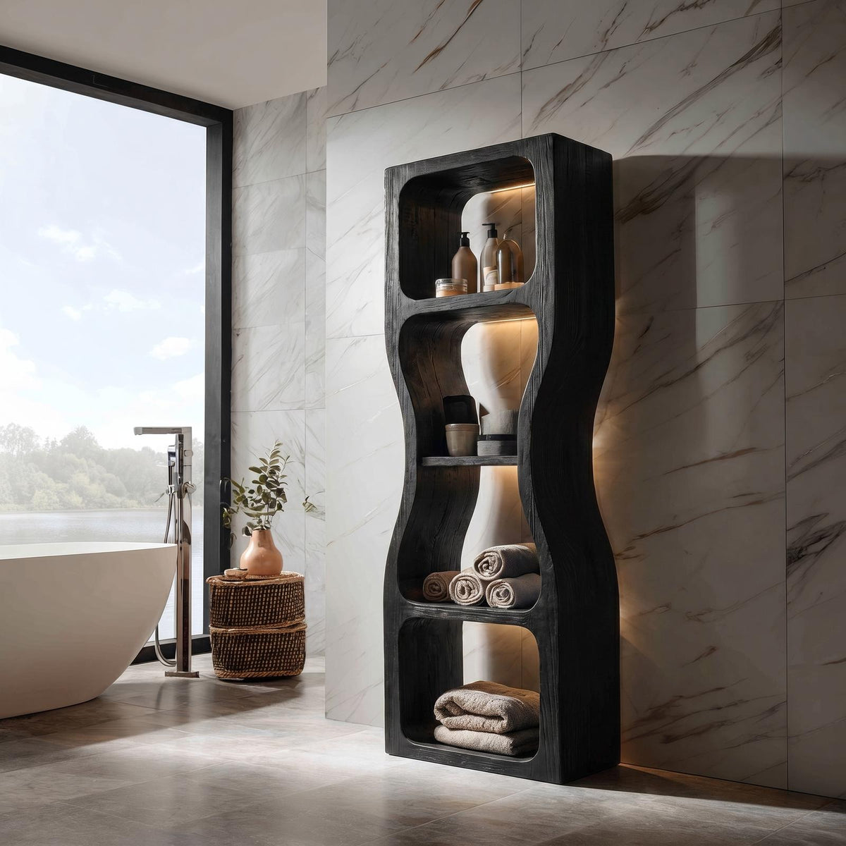 Rustic Modern Bathroom Cabinet, Sculptural Wave Design Wood Storage Cabinet with Open Shelves