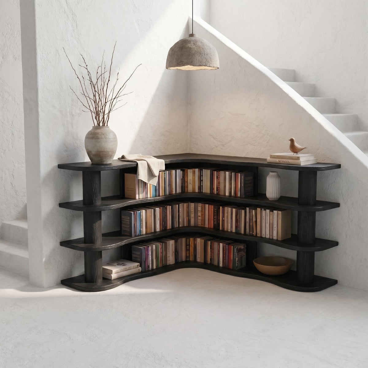 Scandinavian Corner Bookshelf, Rounded Multi-Tier Solid Wood Open Display Shelves for Bedroom
