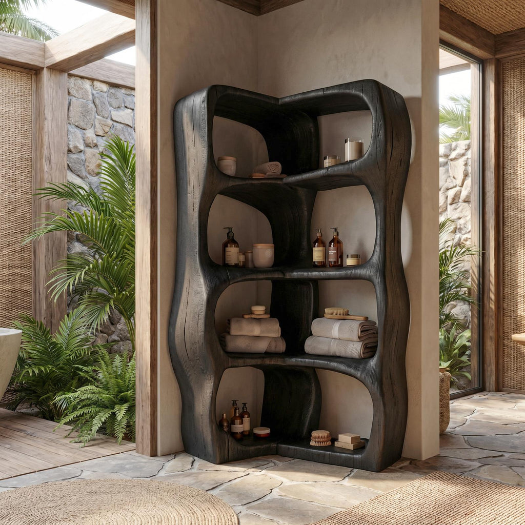 Sculptural Wood Bathroom Cabinet, Freeform Curved Shelves Standing Storage Organizer Cabinet