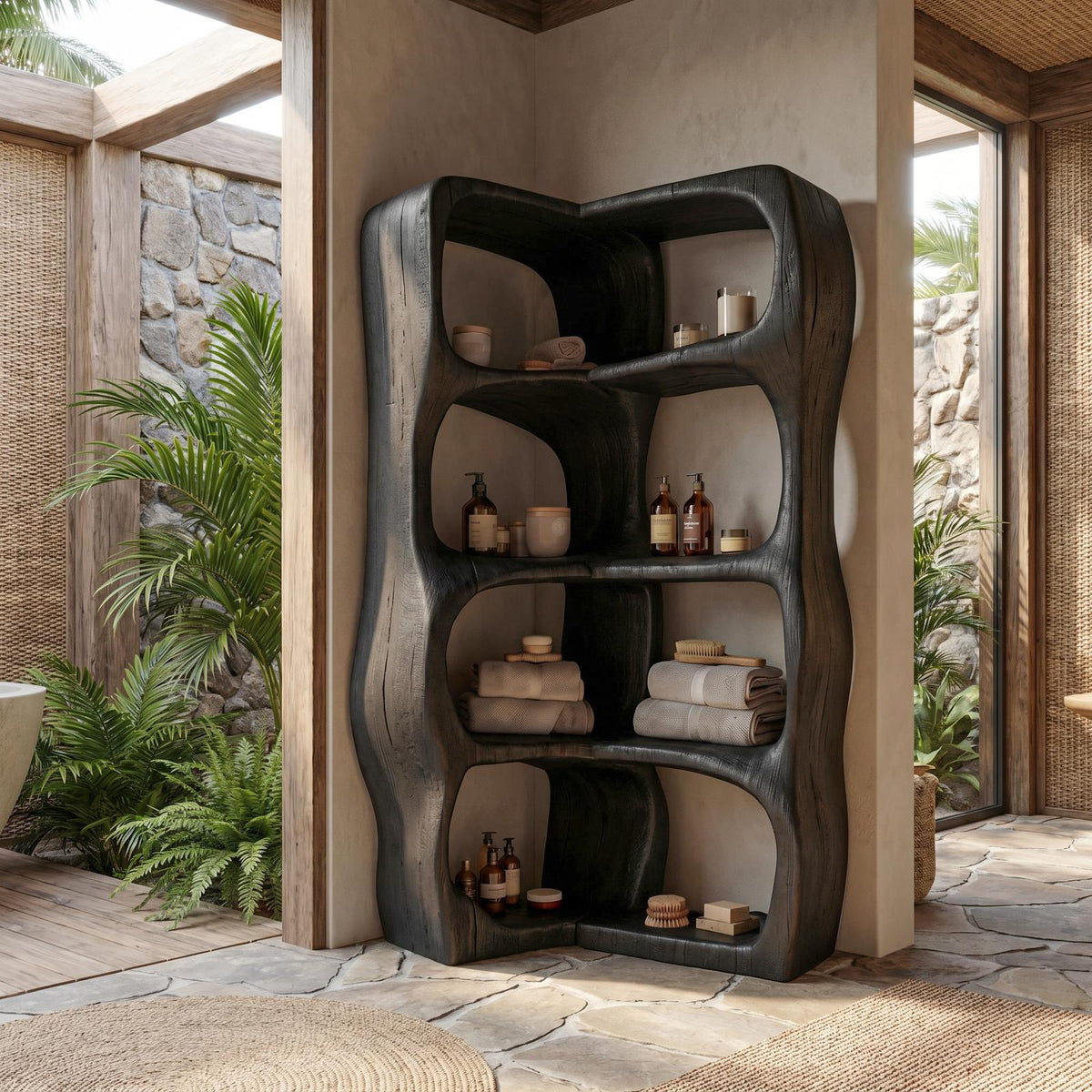 Sculptural Wood Bathroom Cabinet, Freeform Curved Shelves Standing Storage Organizer Cabinet