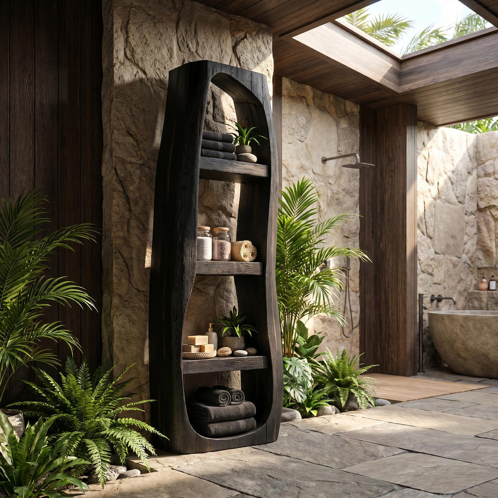Minimalist Wood Bathroom Cabinet, Curved Arched Floor Storage Cabinet with Shelves & Door
