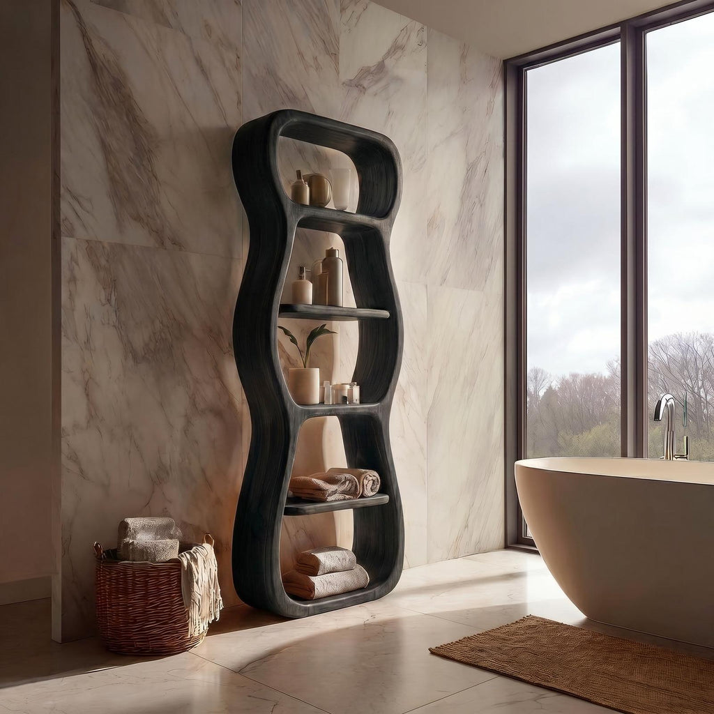 Contemporary Bathroom Storage Cabinet, Sculptural Wood Shape Floor Standing Cabinet with Shelves