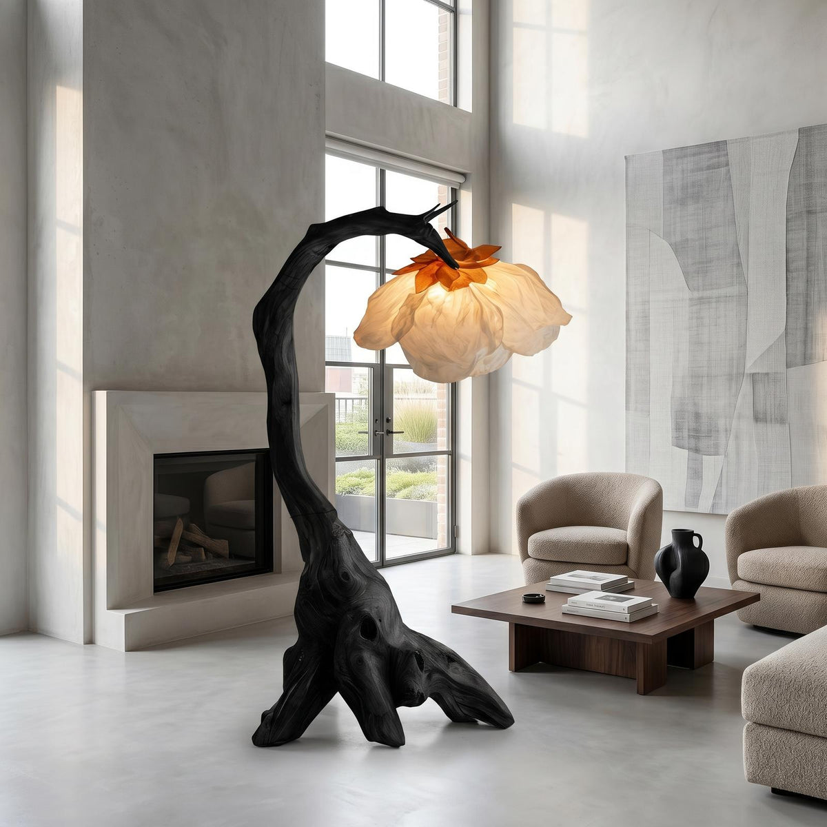 Organic Floor Lamp, Sculptural Tree Branch Wood Standing Lamp for Bedroom, Study & Reading Nook