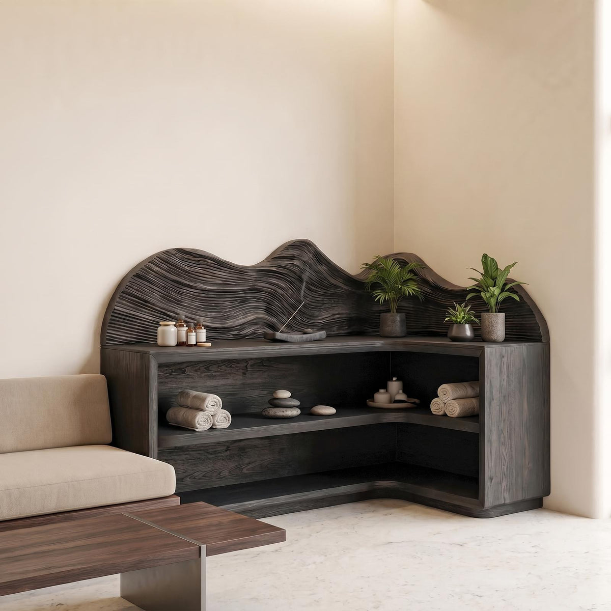 Contemporary Corner Bookcase, Sculptural Solid Wood Floating Shelves, Wall Display for Living Room
