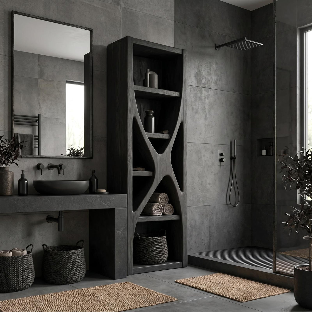 Rustic Bathroom Storage Cabinet, Natural Wood Branch Structure Floor Cabinet with Shelves