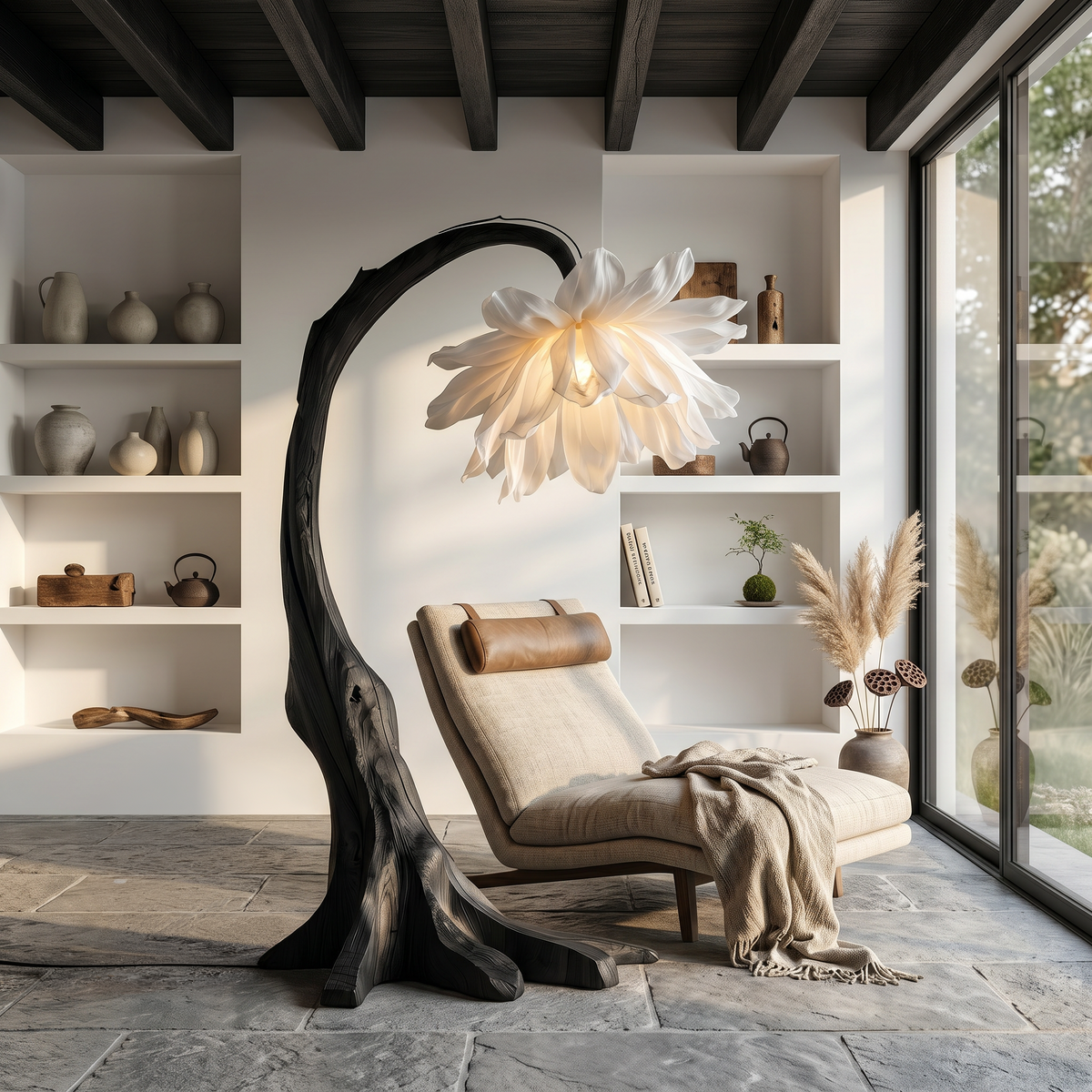 Contemporary Floor Lamp, Sculptural Floral Design Handcrafted Wooden Standing Tall Light for Living Room