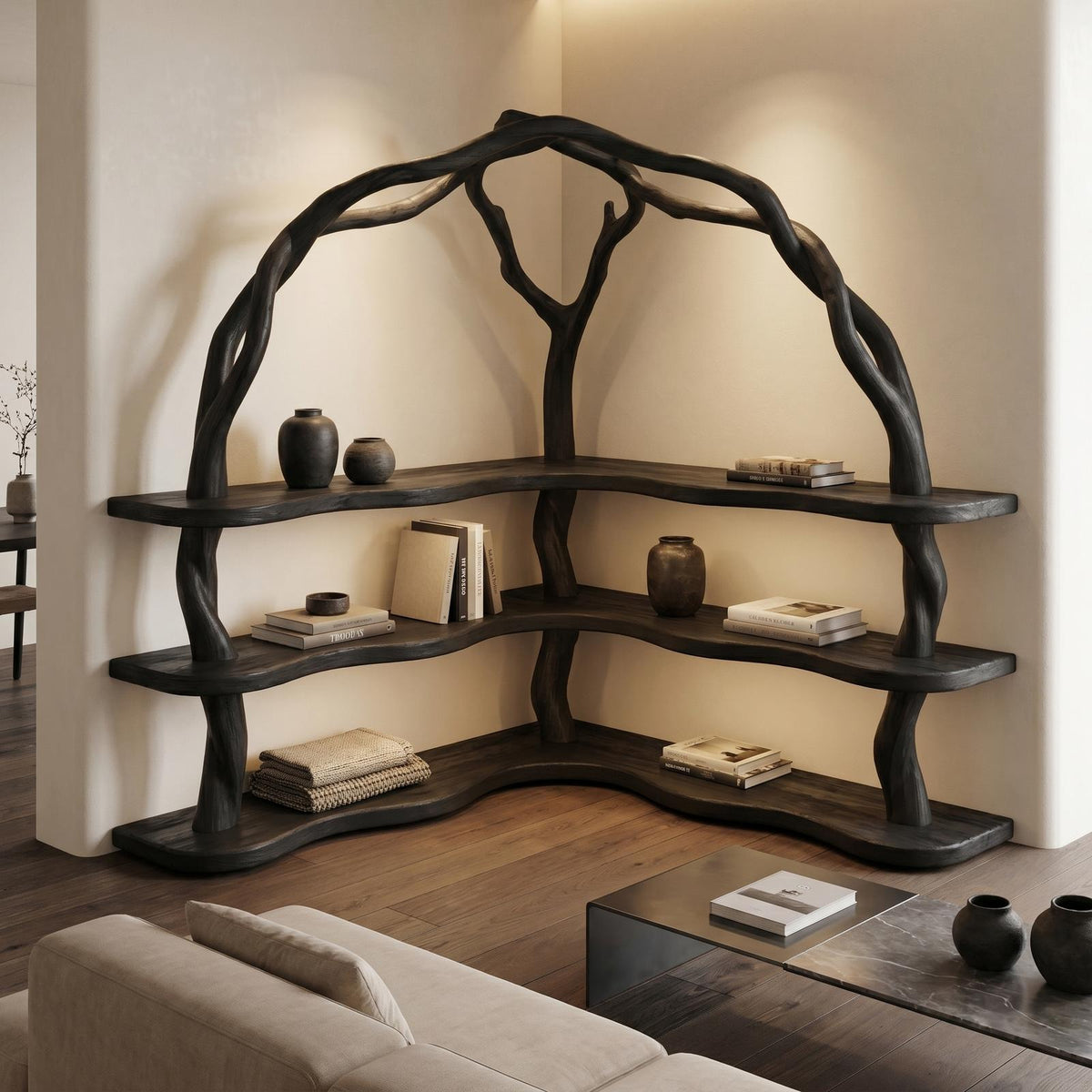 Organic Corner Bookcase with Natural Tree Branch Frame, Solid Wood Bookshelf for Living Room & Bedroom