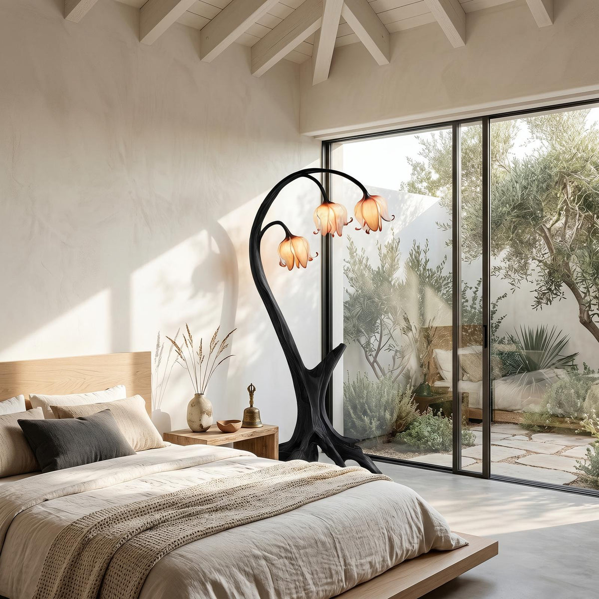 Rustic Floor Lamp, Handcrafted Blooming Bell Flower Wood Standing Lamp for Living Room & Bedroom