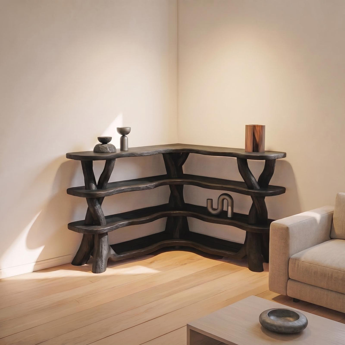 Spry Interior Rustic Organic Corner Bookshelf, Unique Tree Branch Wooden Bookcase for Living Room and Bedroom, SINLSABS017
