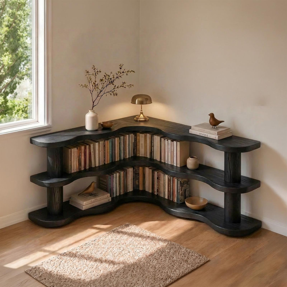 Rustic Modern Corner Bookshelf, Multi-Tier Solid Wood Bookcase Display for Living Room & Bedroom