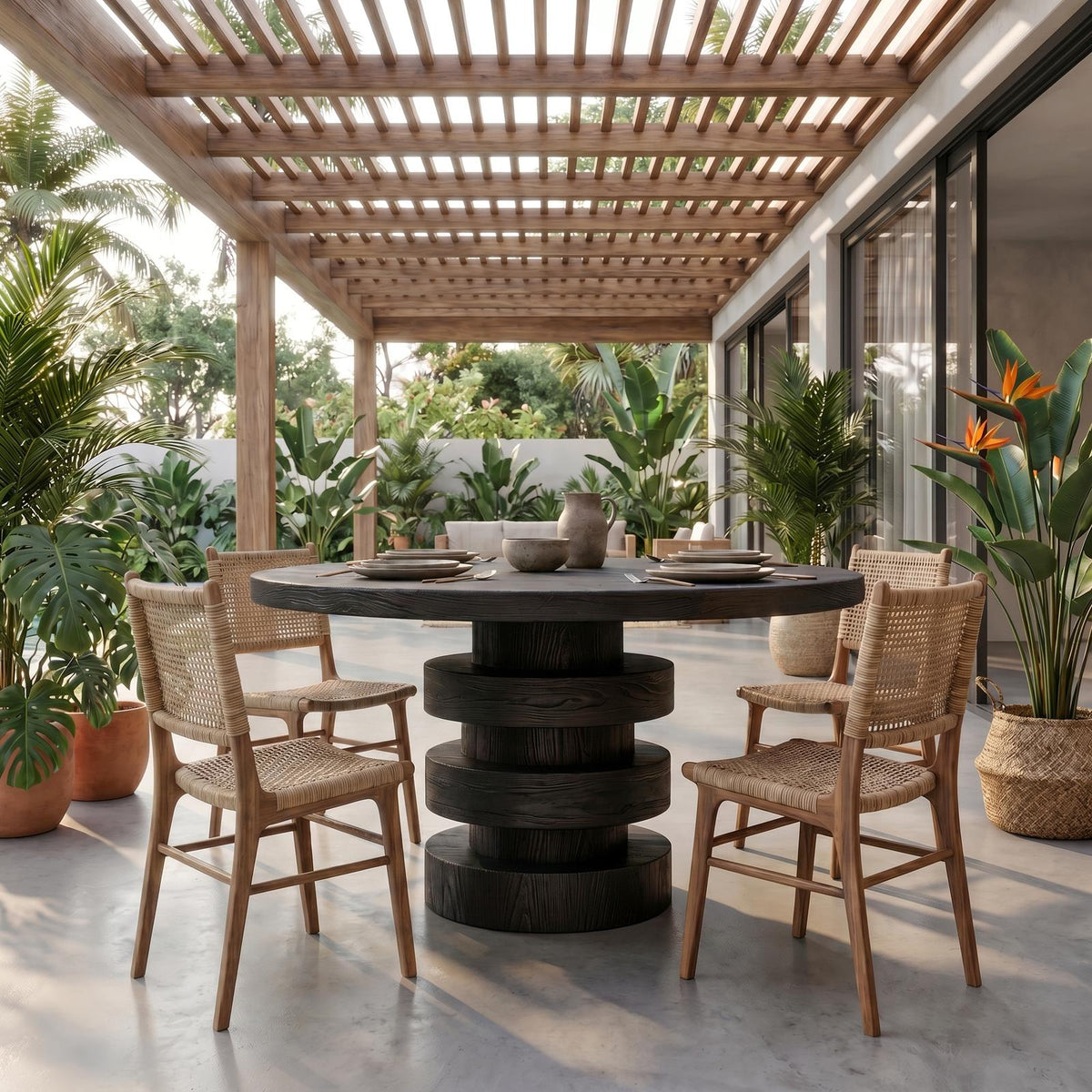 Minimalist Round Dining Table, Sculptural Solid Wood Base Kitchen Table for Modern Dining Room