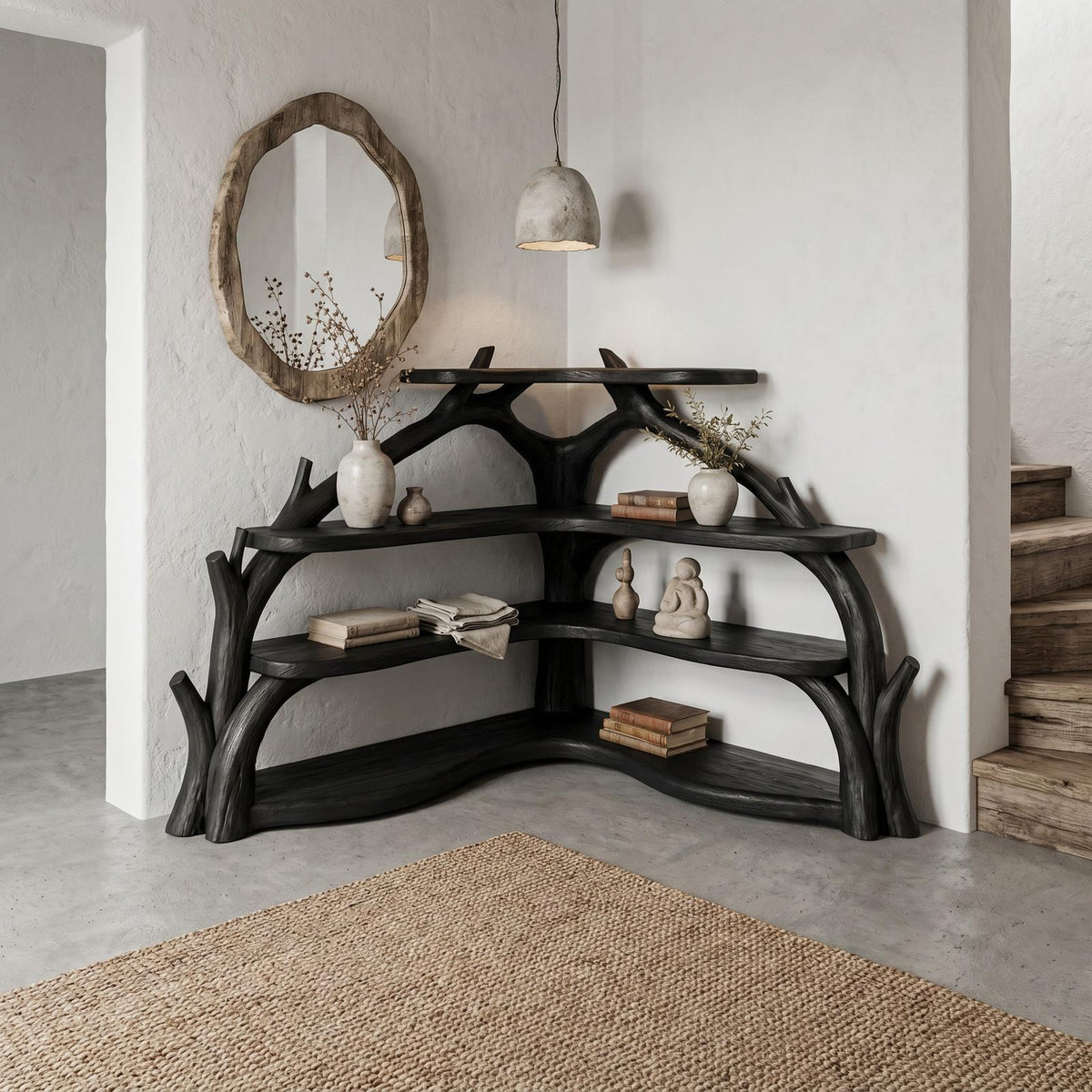 Spry Interior Sculptural Corner Bookcase with Natural Wood Branch Design, Unique Bookshelf Display for Living Room, SINLSABS015