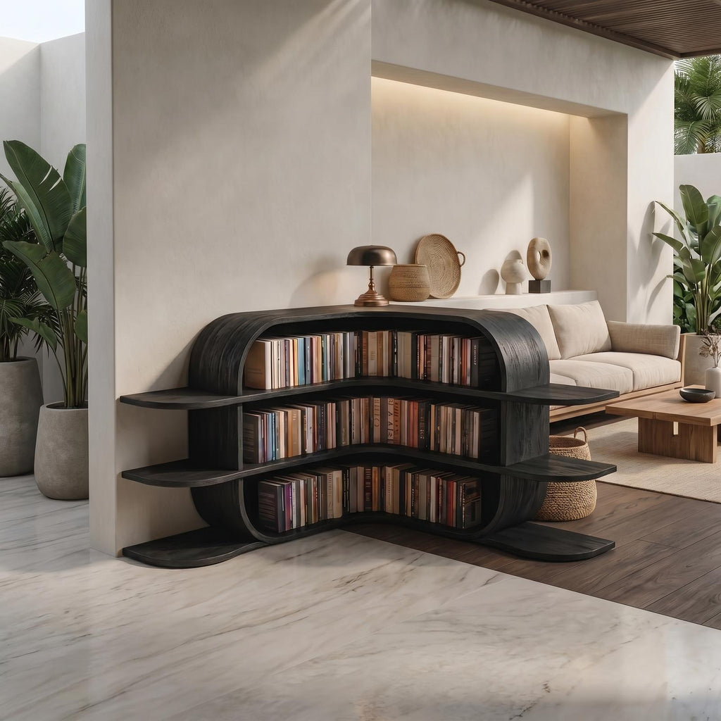 Scandinavian Arched Corner Bookshelf, Multi-Tier Wooden Bookcase Display for Living Room & Bedroom