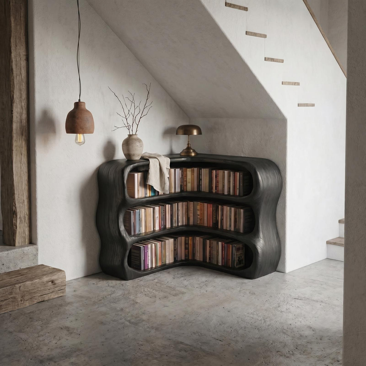 Modern Curved Bookshelf, Sculptural Wooden Open Shelf Bookcase Display for Living Room & Bedroom
