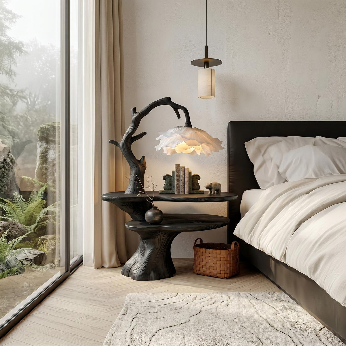 Natural Bedside Table with Floral Lamp, Handcrafted Tree Branch Solid Wood Nightstand for Guest Room