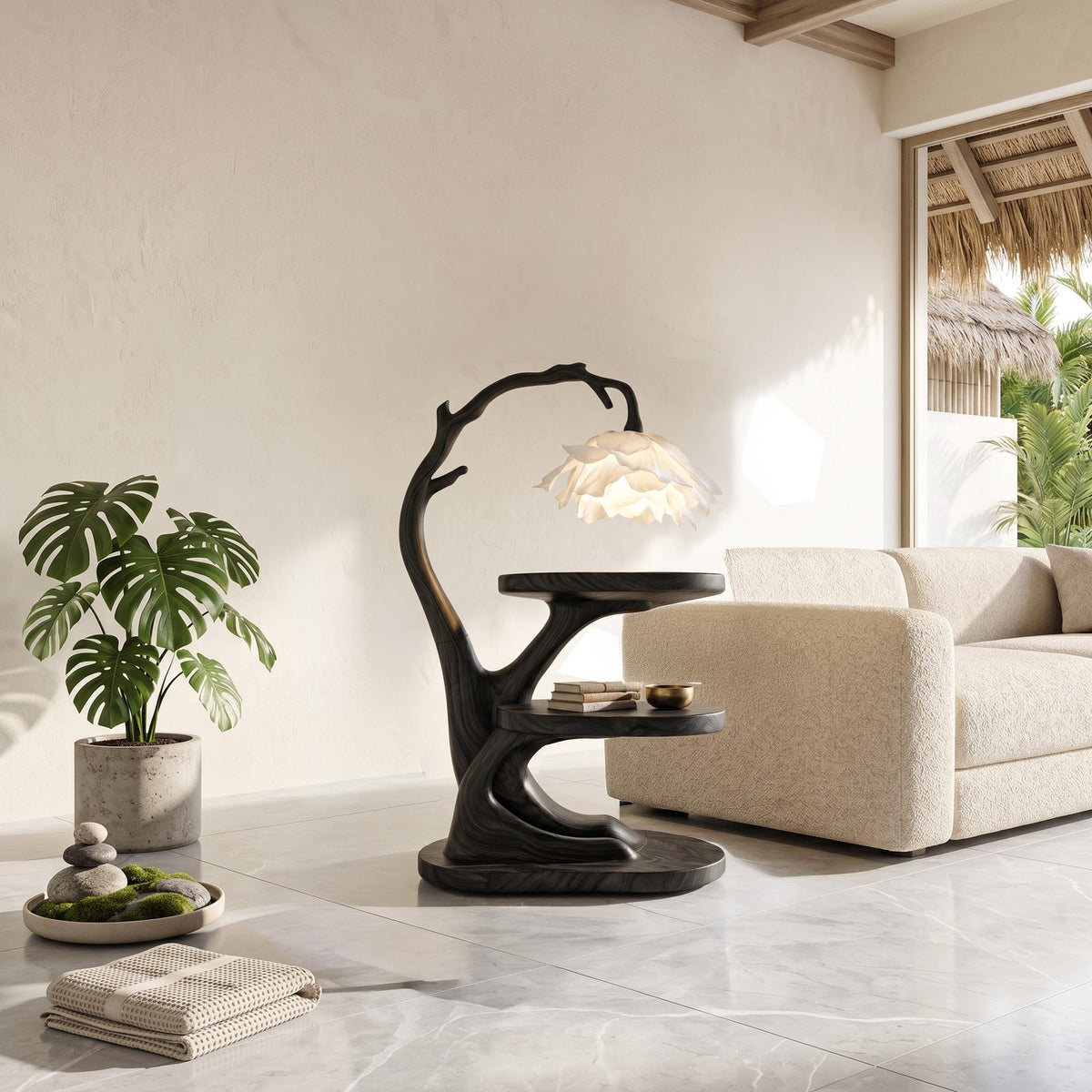 Organic Bedside Table with Sculptural Flower Lamp, Solid Wood Nightstand & Side Table for Bedroom