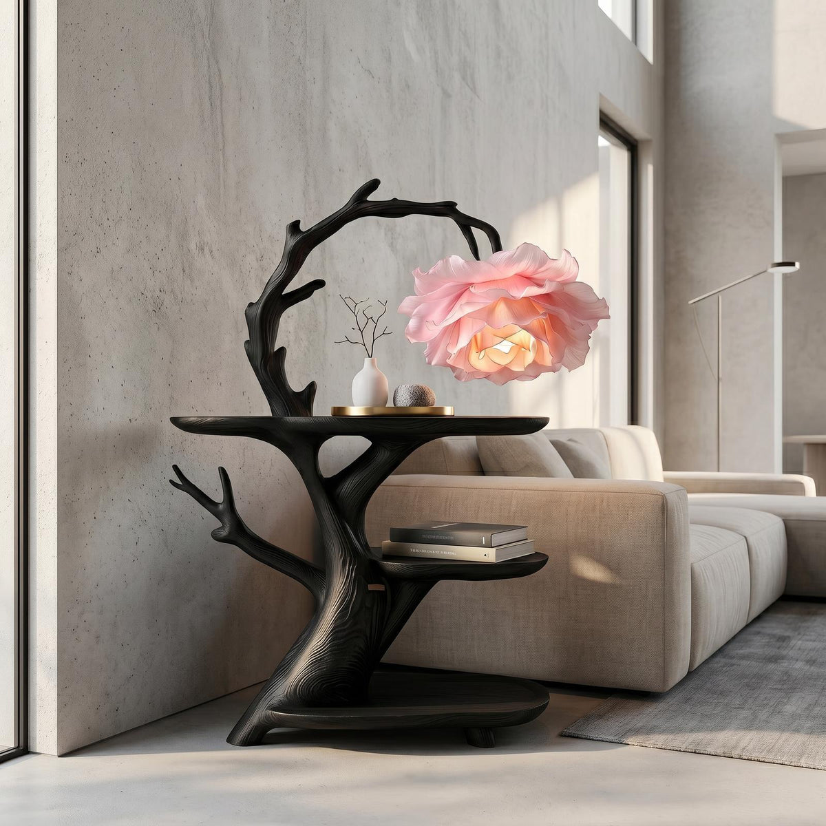 Contemporary Side Table with Floral Accent Lamp, Handcrafted Solid Wood Bedside Nightstand for Bedroom