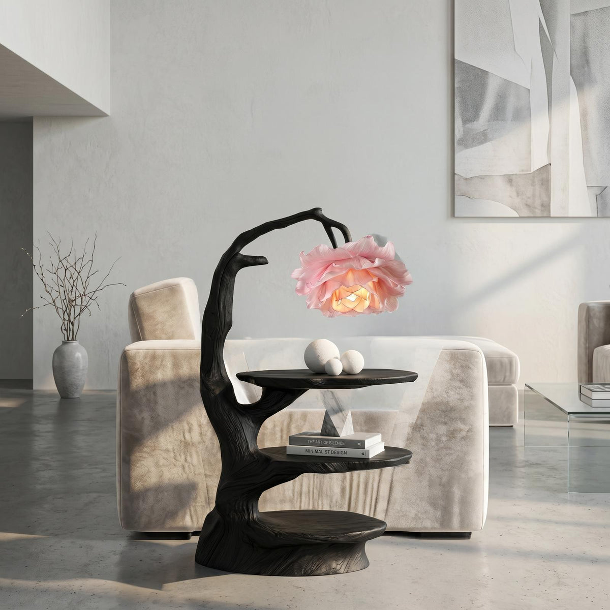 Natural End Table with Tree Branch Base & Integrated Flower Lamp, Solid Wood Bedside Table Nightstand