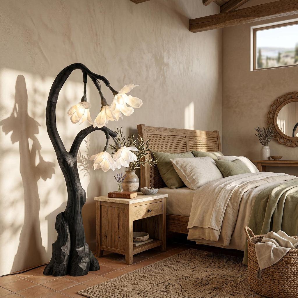 Artistic Floral Floor Lamp with Natural Wood Base, Aesthetic Standing Flower Light for Living Room, Model
