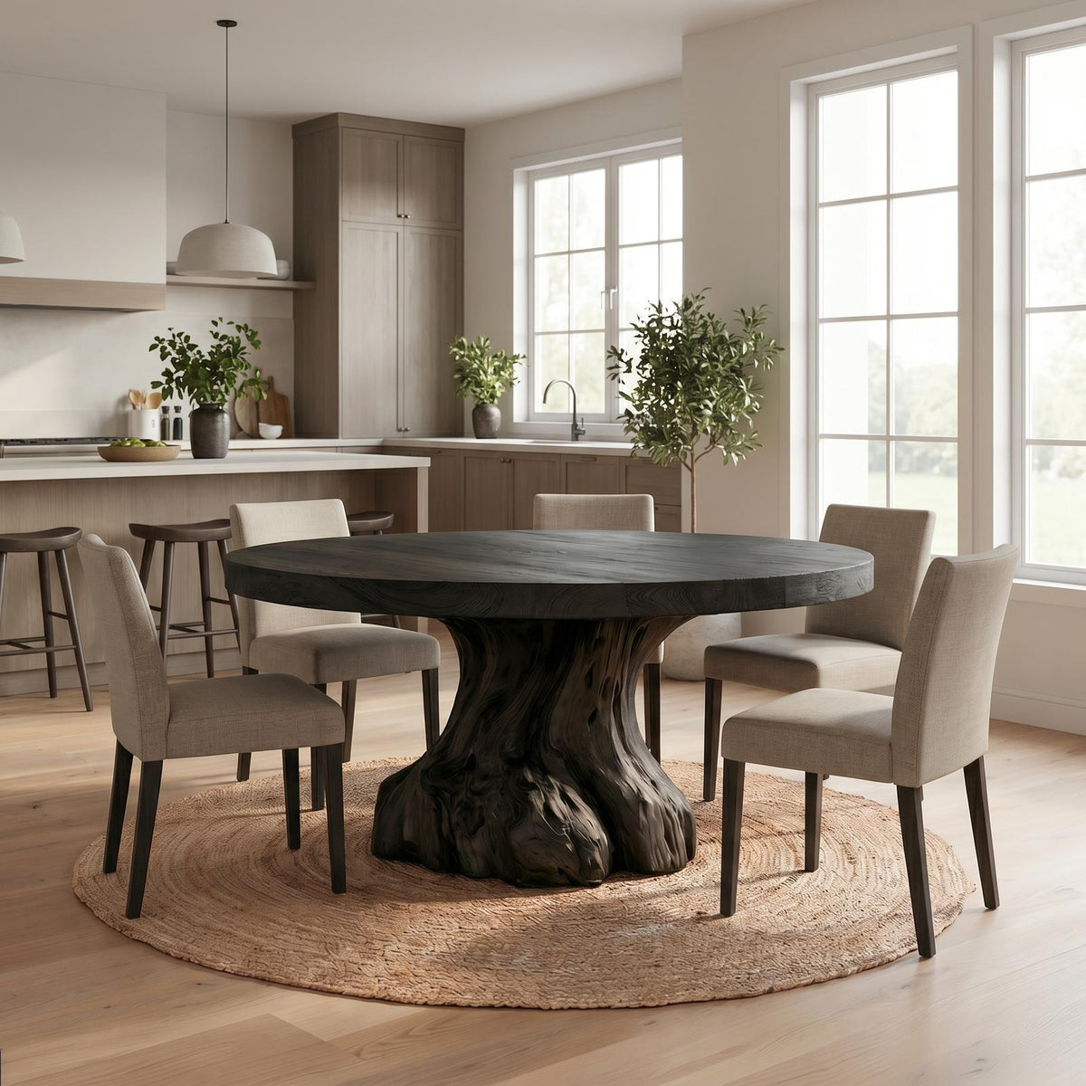 Rustic Tree Root Round Dining Table, Solid Wood Natural Slab Kitchen Table for Home Dining Room