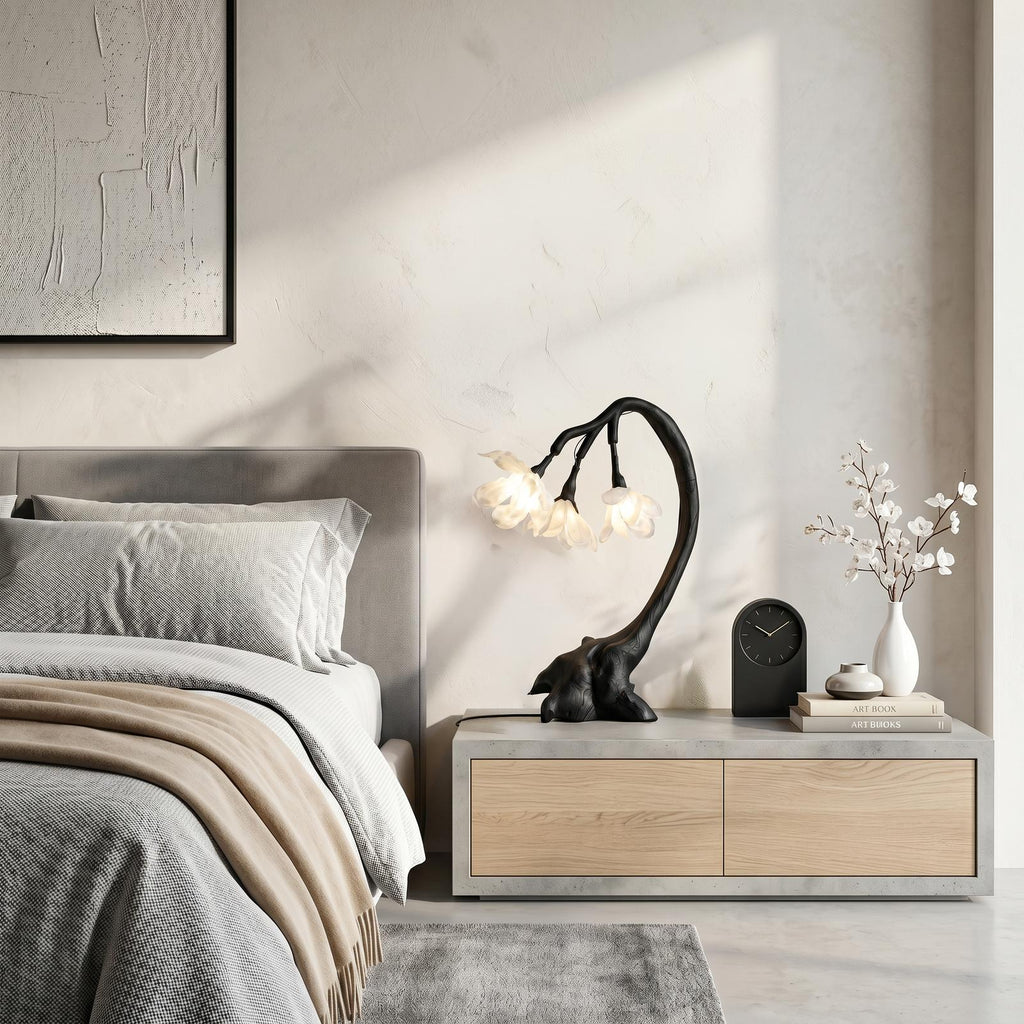 Organic Flower Table Lamp, Sculptural Solid Wood Base Bedside Reading Light for Living Room & Bedroom