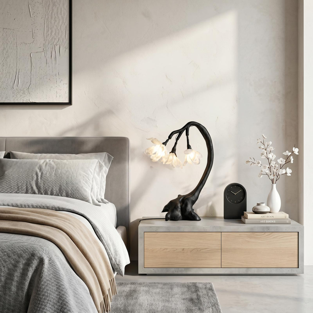 Organic Flower Table Lamp, Sculptural Solid Wood Base Bedside Reading Light for Living Room & Bedroom