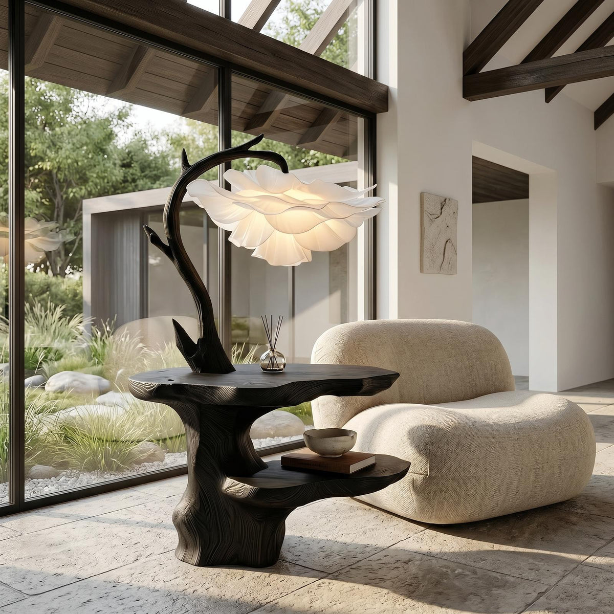 Organic End Table with Flower Lamp, Tree Branch Solid Wood Bedside Table & Accent Nightstand