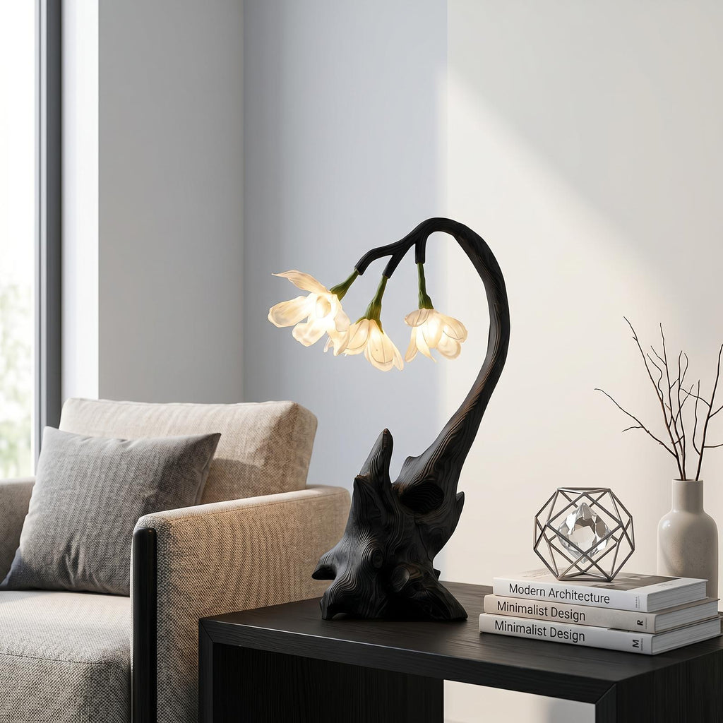 Modern Floral Table Lamp With Sculptural Wood Base For Living Room