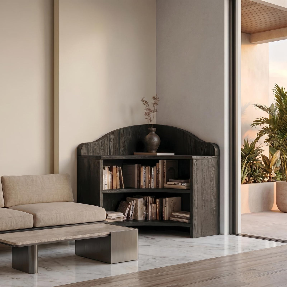Minimalist Corner Bookshelf, Clean Solid Wood Open Display Shelves for Contemporary Living Room