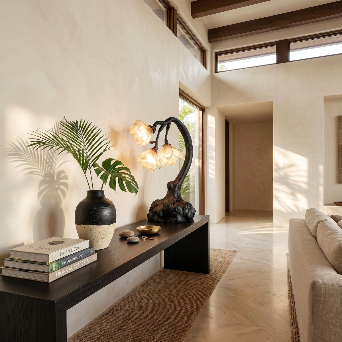 Minimalist Floral Table Lamp, Organic Solid Wood Base Bedside Accent Light for Living Room and Bedroom