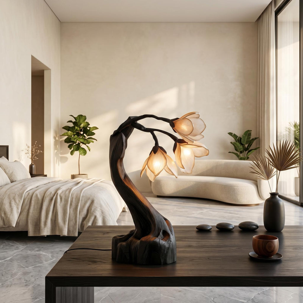 Organic Floral Table Lamp, Handcrafted Sculptural Solid Wood Base Accent Light for Bedroom & Living Room Nightstand