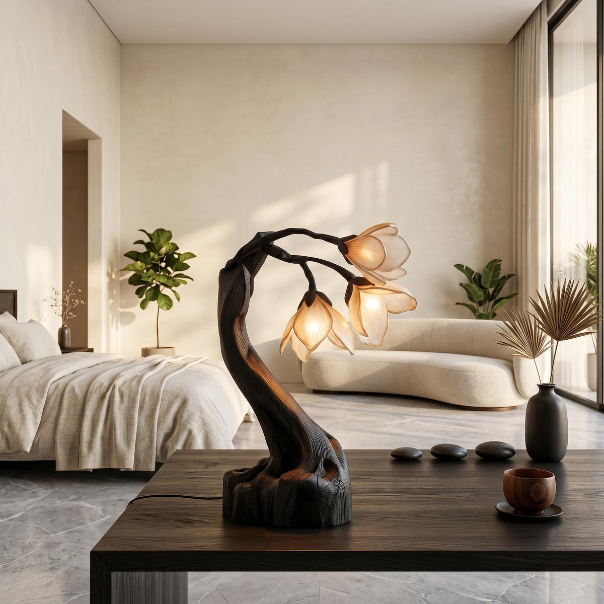 Organic Floral Table Lamp, Handcrafted Sculptural Solid Wood Base Accent Light for Bedroom & Living Room Nightstand