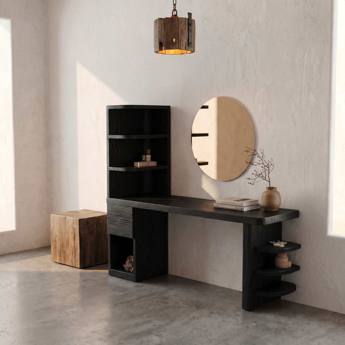 Spry Interior Contemporary Corner Makeup Vanity, Space-Saving Dressing Table with Vertical Storage Shelves for Bedroom Decor, SINLSABDT076