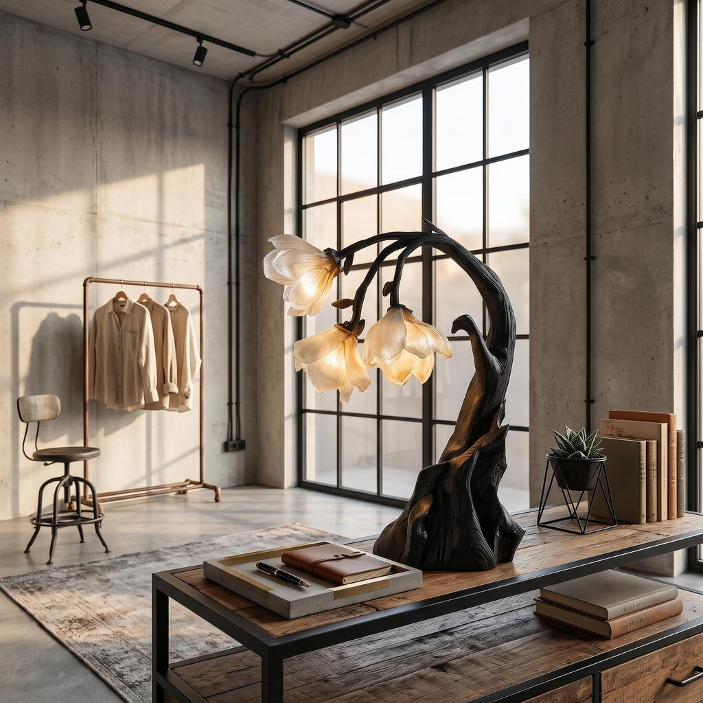 Contemporary Floral Table Lamp with Sculptural Solid Wood Base, Modern Bedside Desk Nightstand Lamp for Bedroom
