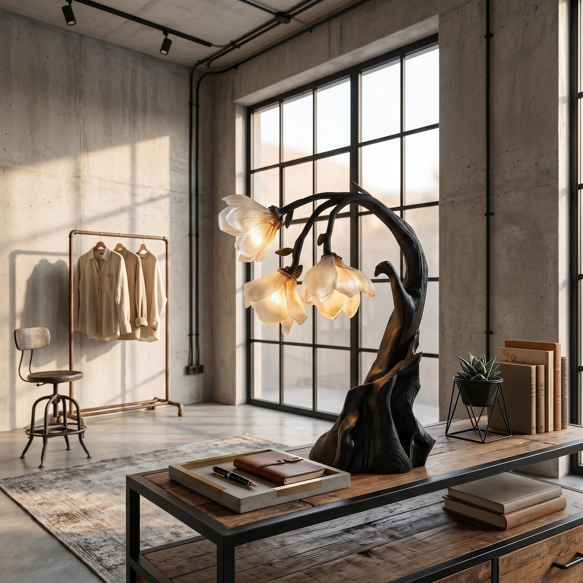 Contemporary Floral Table Lamp with Sculptural Solid Wood Base, Modern Bedside Desk Nightstand Lamp for Bedroom