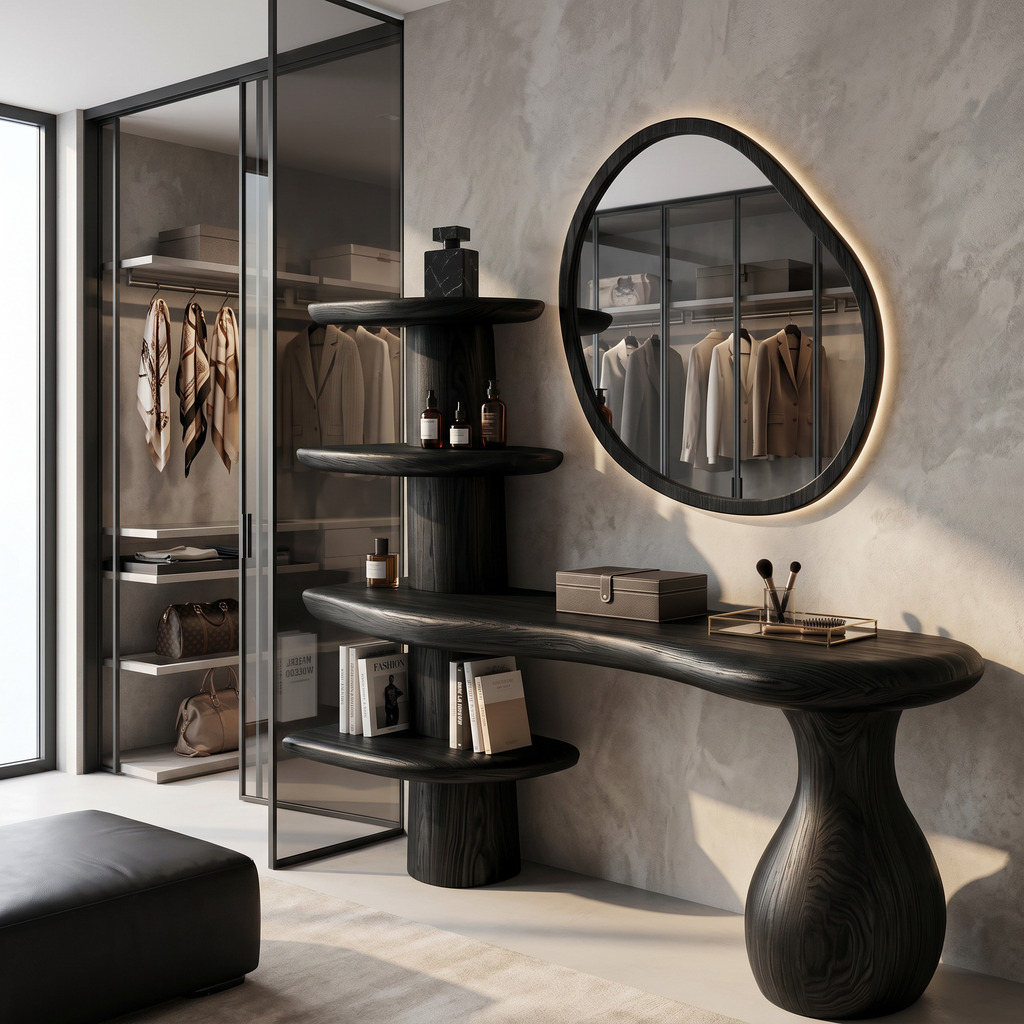 Organic Corner Vanity Table, Space-Saving Solid Wood Makeup Desk with Mirror & Storage Drawers for Small Bedrooms