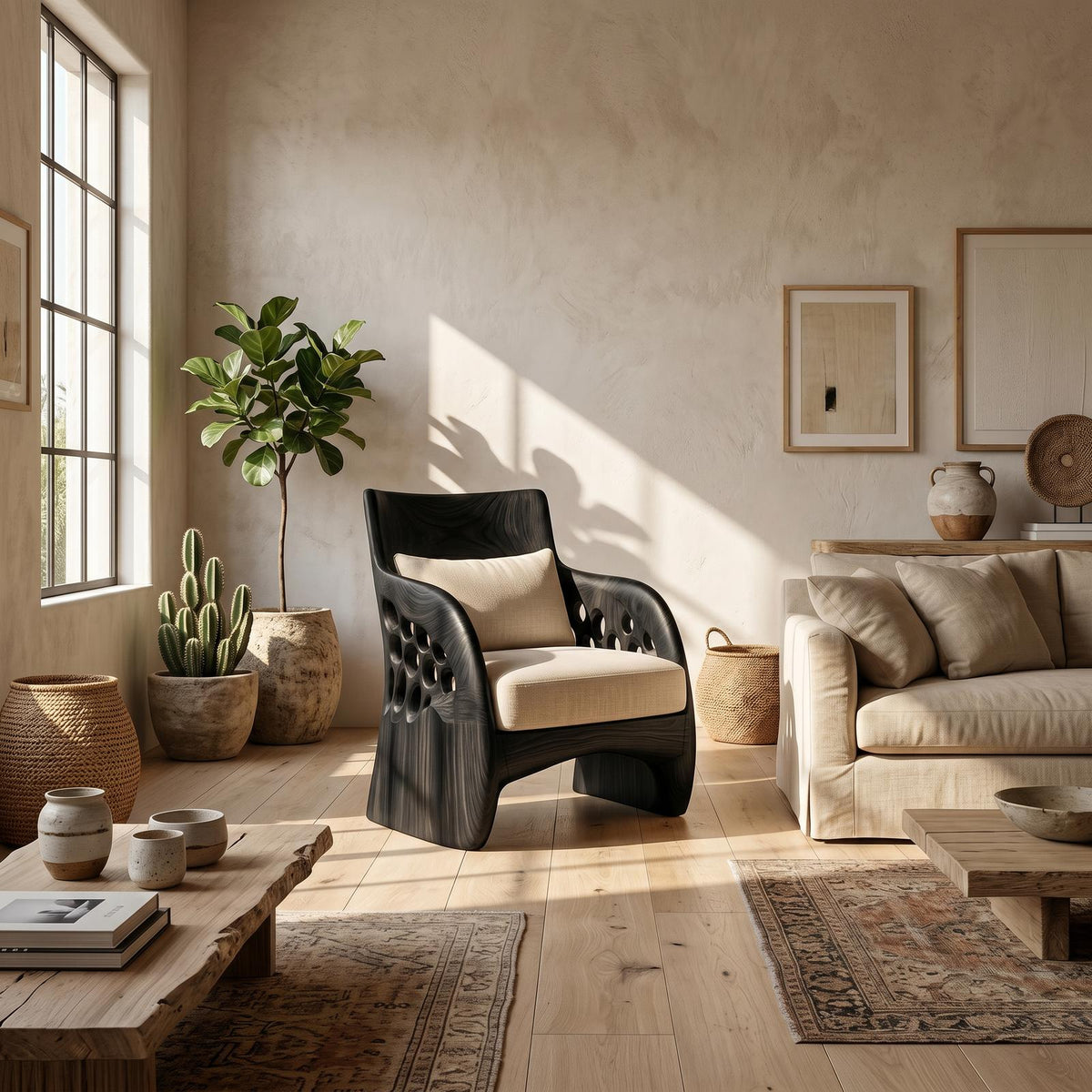 Contemporary Organic Wooden Accent Chair, Sculptural Lounge Armchair for Living Room