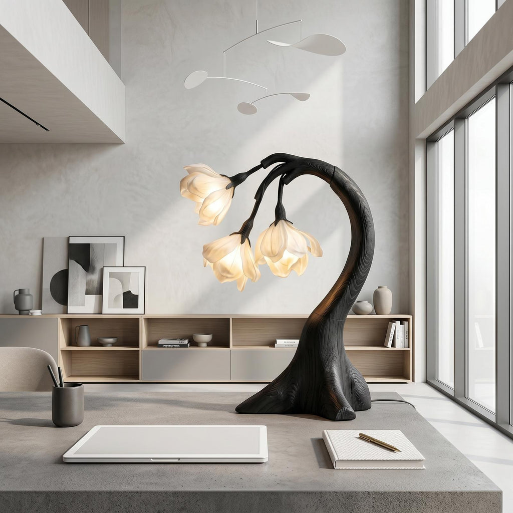 Modern Floral Table Lamp with Sculptural Curved Wood Base, Elegant Bedside Desk Nightstand Reading Light